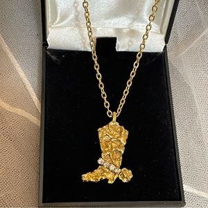 22KT Gold electroplated crystal studded western cowboy boot charm+chain necklace